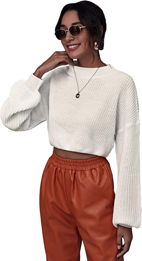 WDIRARA Women's Mock Neck Long Sleeve Crop Sweater Casual Rib Knit Top | Amazon (US)