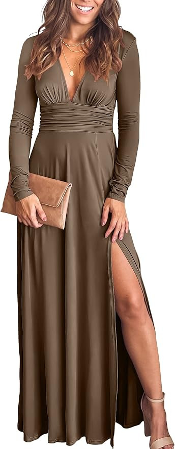 ANRABESS Women Deep V Neck Long Sleeve Slit 2024 Fall Elegant Formal Wedding Guest Cocktail Eveni... | Amazon (US)