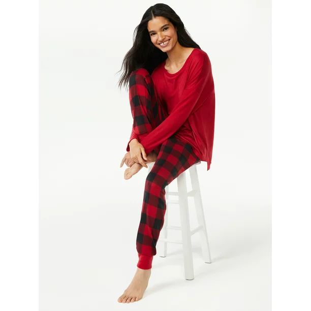 Joyspun Women's Long Sleeve Top and Jogger Pajama Set, 2-Piece, Sizes up to 3X - Walmart.com | Walmart (US)
