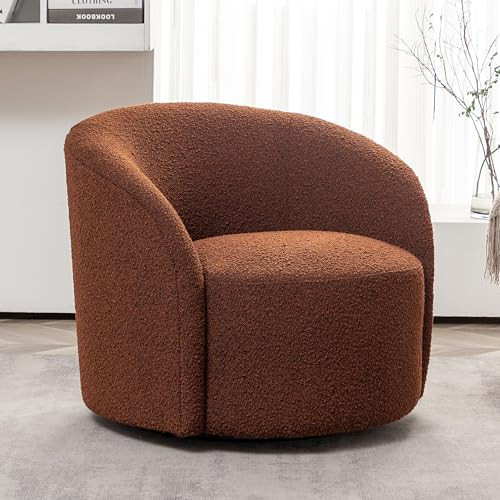 KINWELL 34" W Mid Century Modern Swivel Barrel Chair, Round Upholstered Boucle Swivel Accent Chairs, No Assembly Sofa Chair for Living Room Bedroom Reading Apartment Lounge Nursery | Amazon (US)