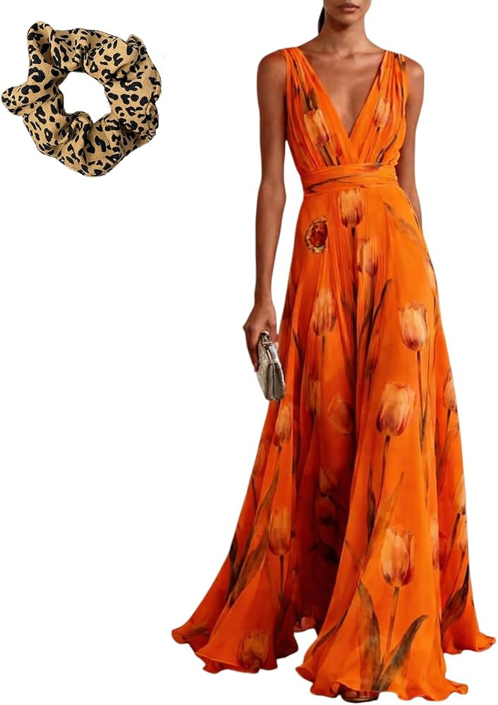 Floral Chiffon Halter Sleeveless Maxi Dress Deep V Neck a Line Vacation Wedding Guest Pleated Hal... | Amazon (US)