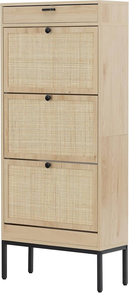 XIAO WEI Shoe Cabinet, Natural Rectangular Rattan Shoe Storage Organizer Cabinet with 3 Flip Draw... | Amazon (US)