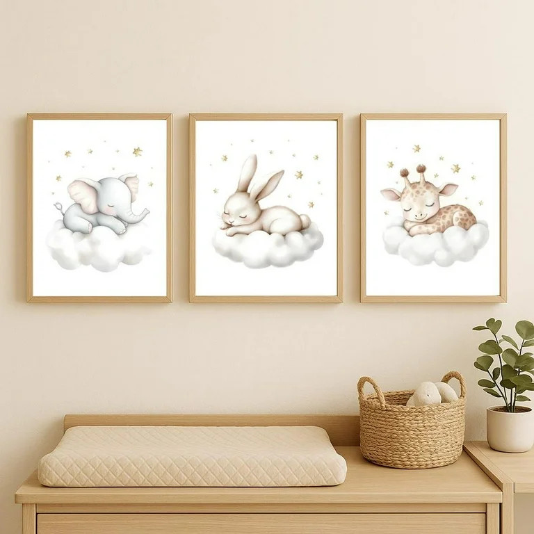 UNFFRAMED Luvia Sleeping Animal Nursery Wall Art Set of 3, Elephant Bunny Giraffe Prints, Neutral... | Walmart (US)