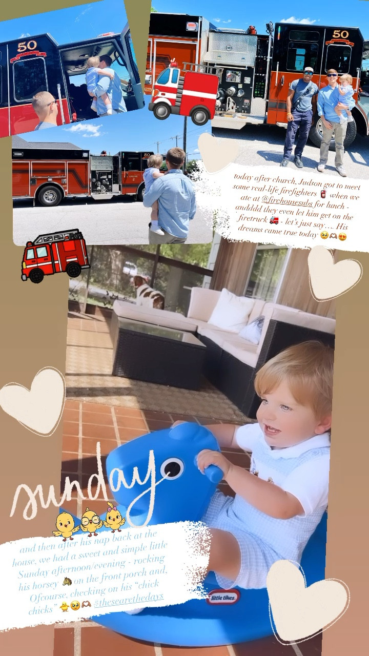 today after church, Judson got to meet some real-life firefighters 🧯 when we ate at @firehousesubs for lunch - andddd they even let him get on the firetruck 🚒 - let’s just say…. His dreams came true today 🥹🫶🏽😍 and then after his nap back at the house, we had a sweet and simple little Sunday afternoon/evening - rocking his horsey 🐴 on the front porch and, Ofcourse, checking on his “chick chicks” 🐥🥹🫶🏽 #thesearethedays