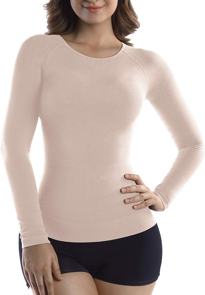 +MD Womens Long Sleeve Undershirts Tops, Bamboo Round Neck Slim Fit Baselayer, Soft Thermal Under... | Amazon (US)