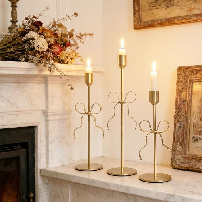 Bow Candle Holder - Bow Candlestick Holder Set of 3 Metal Gold, Modern Decorative Taper Candle Ho... | Amazon (US)