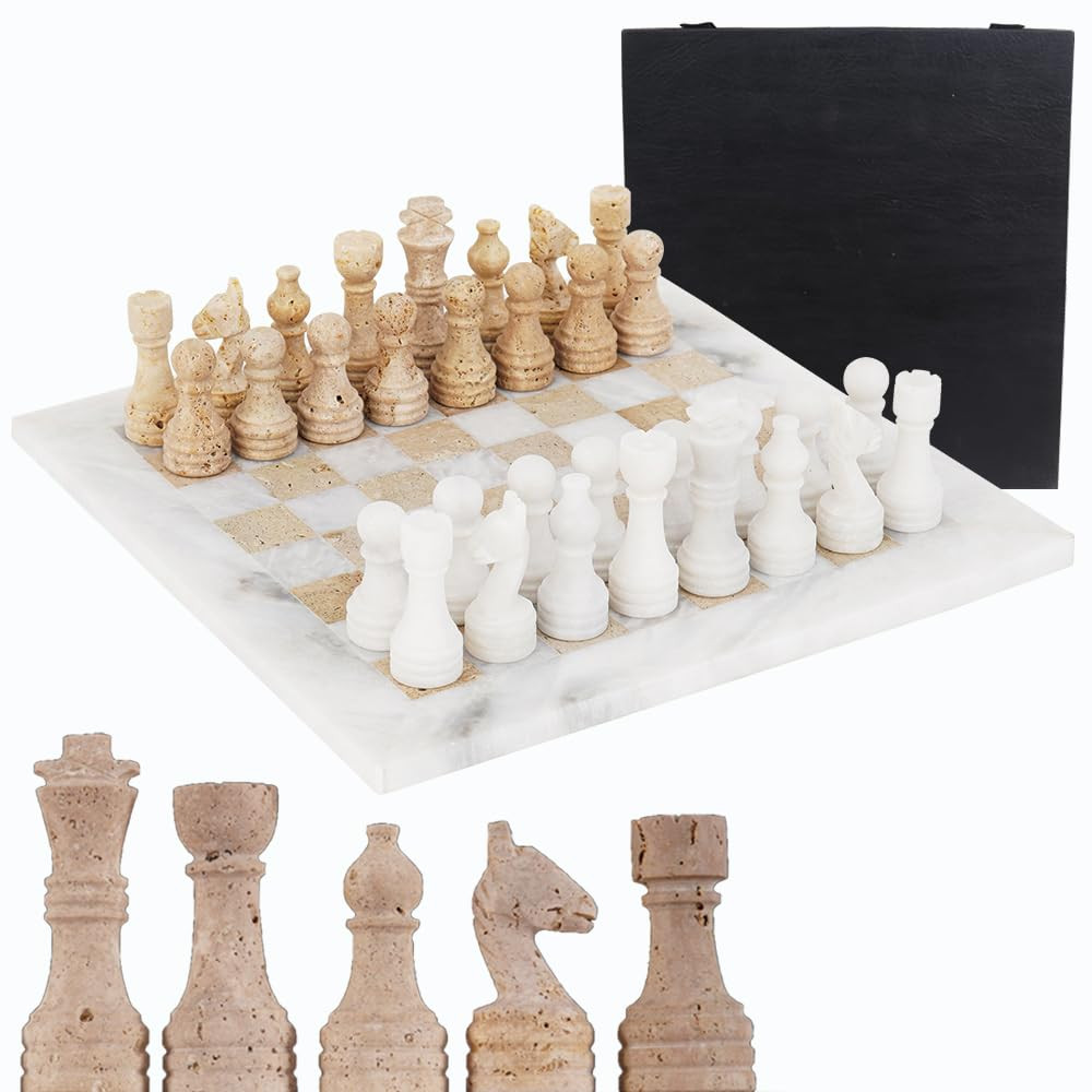 Travertine Marble Chess Set 12'' White and Travertine with Storage Box Handmade Board Game - 1 Ch... | Amazon (US)