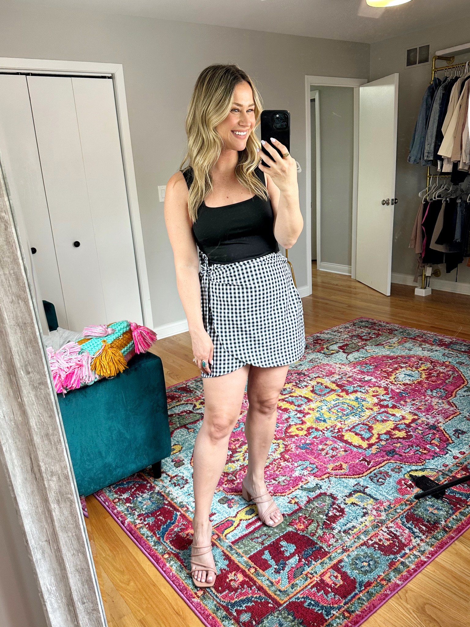 Casual outfit ideas for summer / wrap skirt, black bodysuit and clear heel sandals #amazonfashion #skirtoutfit #summeroutfit 

#LTKsalealert #LTKshoecrush #LTKunder50