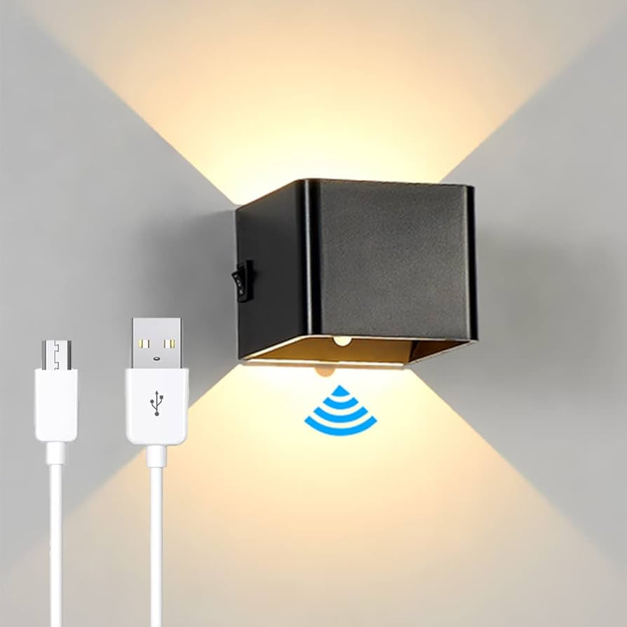 ACMHNC Black Wall Light with Motion Sensor Battery Powered Indoor LED Wall Lamp with Switch, 2000... | Amazon (UK)