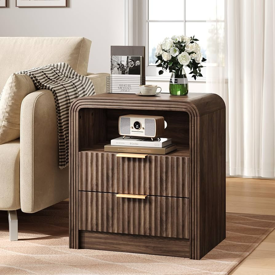 Decofy Fluted 2-Drawer Nightstand with Charging Station, Walnut | Amazon (US)