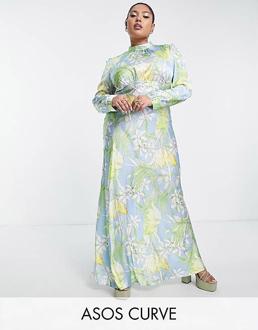 ASOS DESIGN Curve high neck maxi satin tea dress in large floral  | ASOS | ASOS (Global)