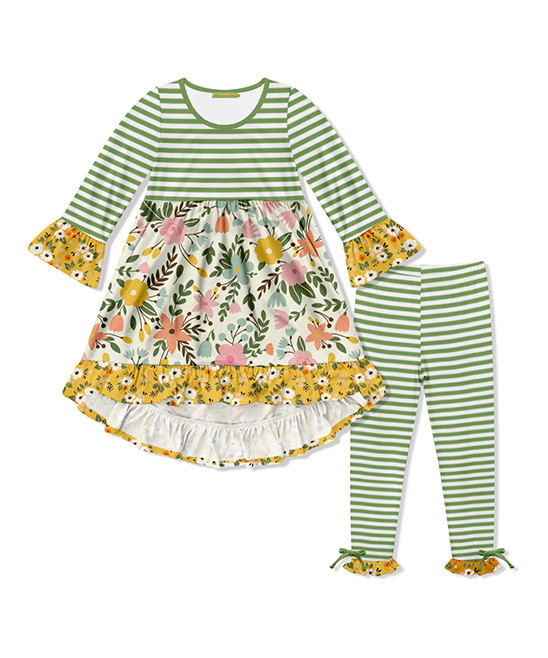 Millie Loves Lily Girls' Casual Dresses - Green & Gold Stripe Floral Ruffle-Trim A-Line Dress & Legg | Zulily
