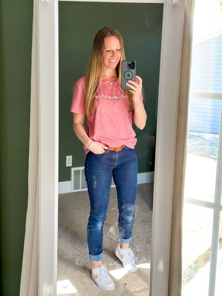 don’t mind the messy mirror 🙈 Sized up to medium in the shirt for an oversized fit. Casual spring outfits, mom outfit, spring style #ootd 

#LTKstyletip #LTKunder50 #LTKFind