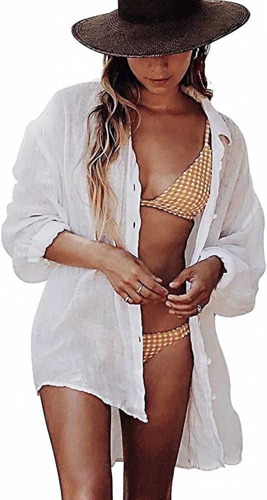 BUTTZO Women's Cotton Beachwear Bikini Swimwear Beach Club Sexy Lace Cover up Tops Bathing Suit | Amazon (US)