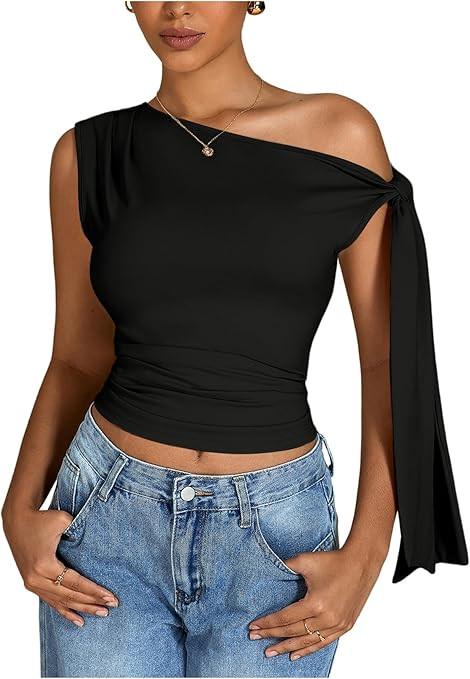 Milumia Women's Ruched One Off The Shoulder Tank Tops Asymmetrical Neck Tie Shoulder Going Out To... | Amazon (US)