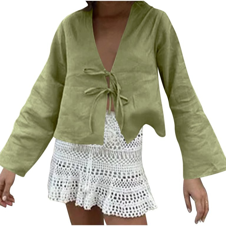 JGGSPWM Women's Tie Front Top, Bow Linen Shirt for Summer, White Y2K Long Sleeve Blouse, Lace Up ... | Walmart (US)