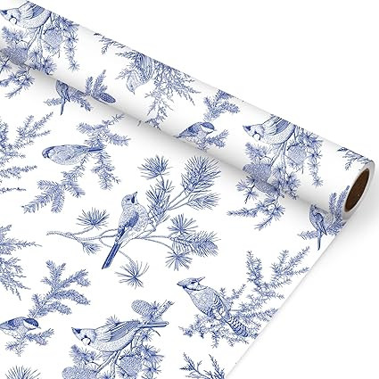 JarThenaAMCS Christmas Wrapping Paper - Mini Roll - 17 Inch x 32.8 Ft Blue Bird on Branches Gift ... | Amazon (US)