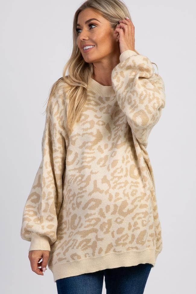 Taupe Leopard Knit Puff Sleeve Maternity Sweater | PinkBlush Maternity