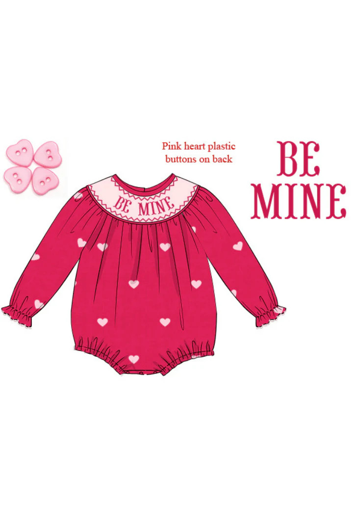 Pre-Order Smocked Be Mine Hot Pink Corduroy Embroidered Heart Bubble | The Smocked Flamingo