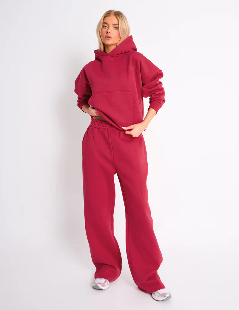 Kaiia Embossed Wide Leg Joggers Berry Red | Public Desire