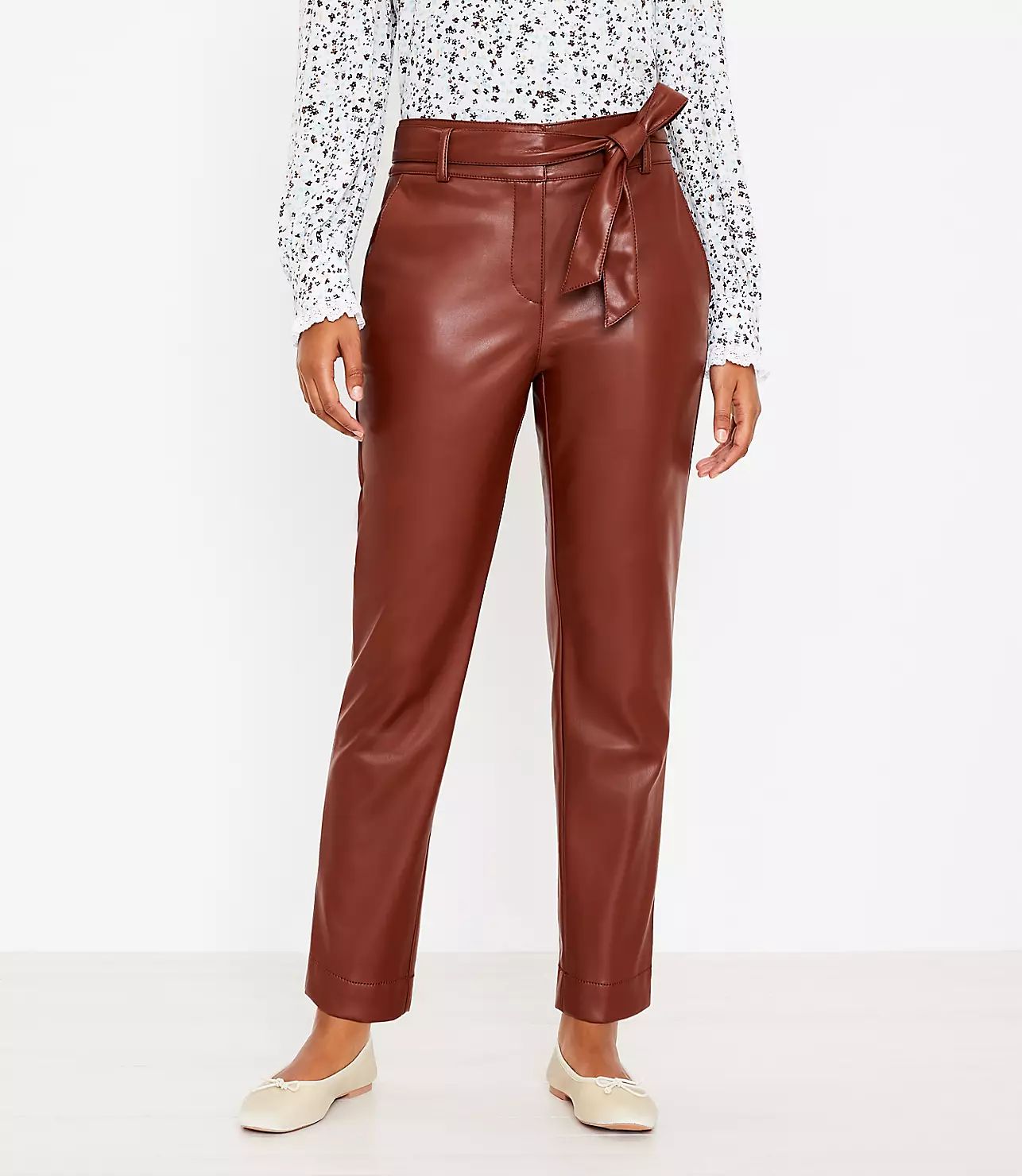 Curvy Tie Waist Slim Pants in Faux Leather | LOFT