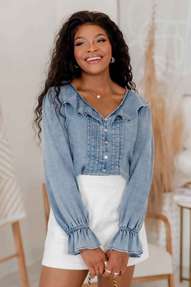 In The Details Medium Wash Chambray Ruffle Detail Top FINAL SALE | Pink Lily