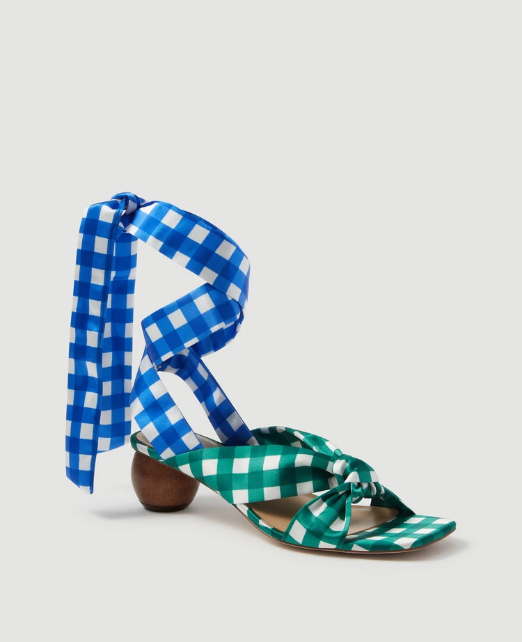 Lizzette Gingham Wrap Wood Heel Sandals | Ann Taylor (US)