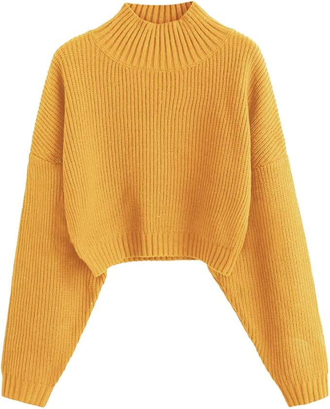ZAFUL Women's High Neck Lantern Sleeve Ribbed Knit Pullover Crop Sweater Jumper | Amazon (US)
