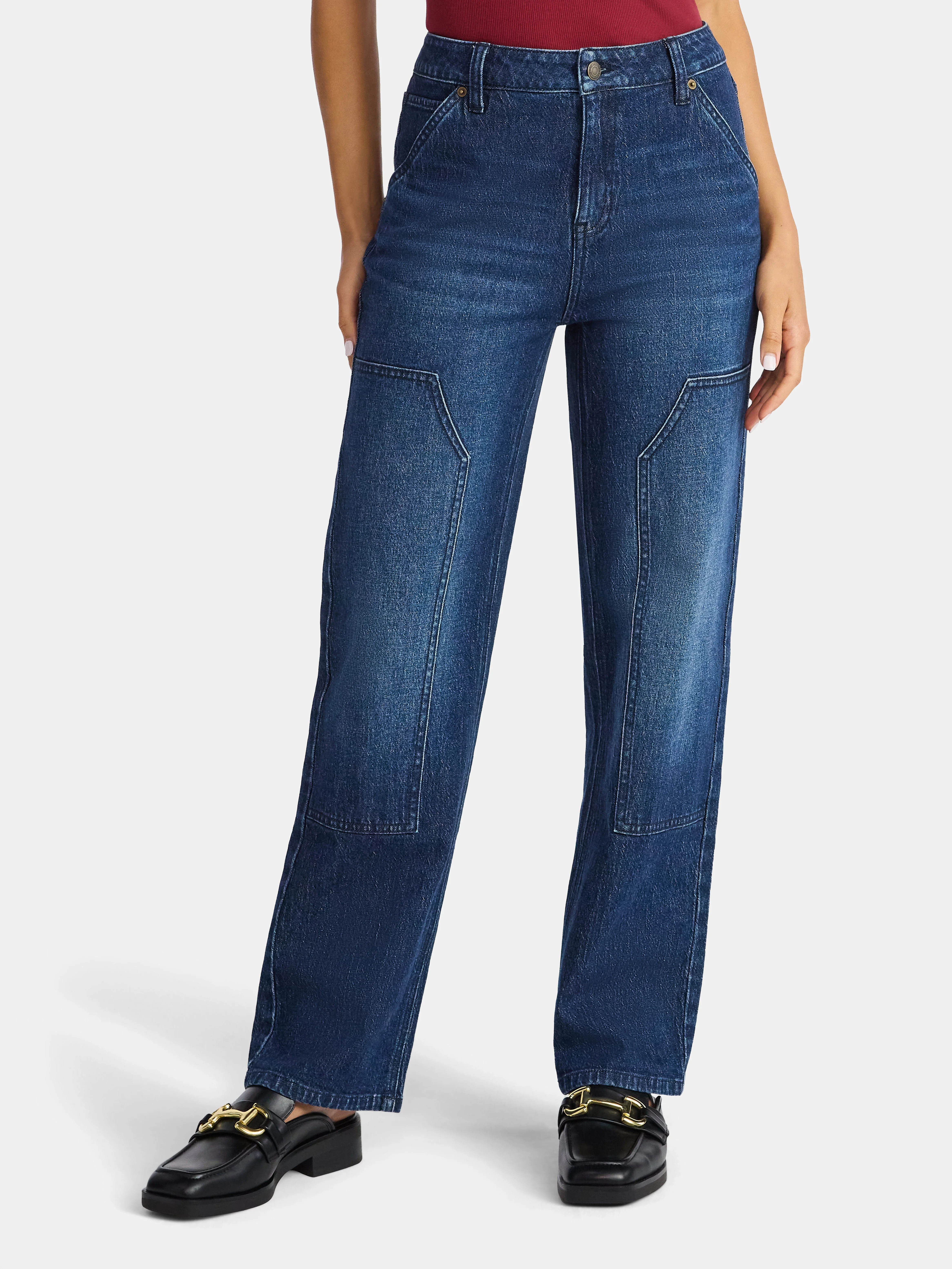 Time and Tru Women's High Rise Straight Jeans with Carpenter Details, 30" Inseam, Sizes 0-20 - Wa... | Walmart (US)