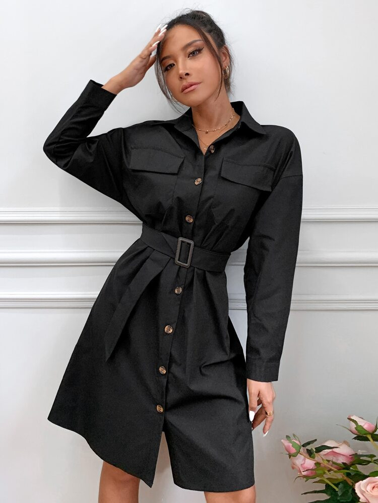 Solid Button Through Belted Denim Dress | SHEIN
