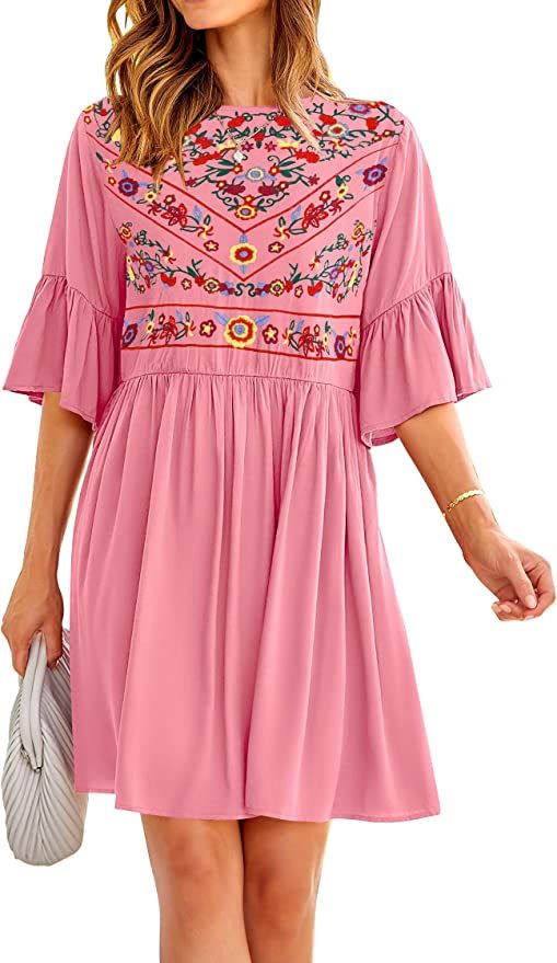 KIRUNDO 2023 Summer Women Bell Sleeve Floral Embroidered Mini Babydoll Dress Boho Casual Round Ne... | Amazon (US)