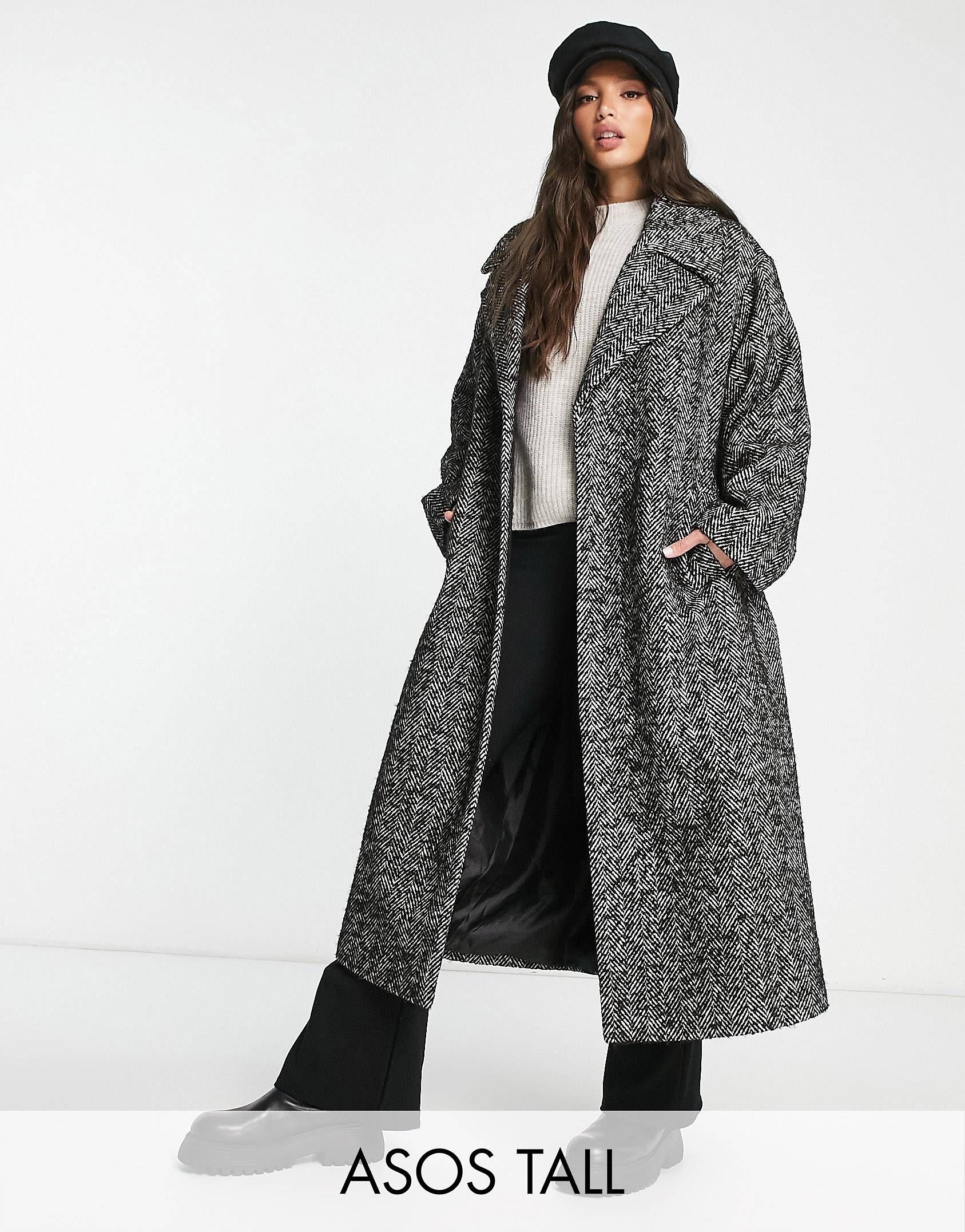 ASOS DESIGN Tall - Manteau habillé ceinturé à chevrons - Noir et blanc | ASOS (Global)