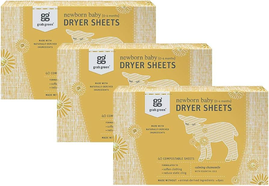 Grab Green Newborn Baby Dryer Sheets - Natural Scent Booster and Fabric Softener to Reduce Wrinkl... | Amazon (US)