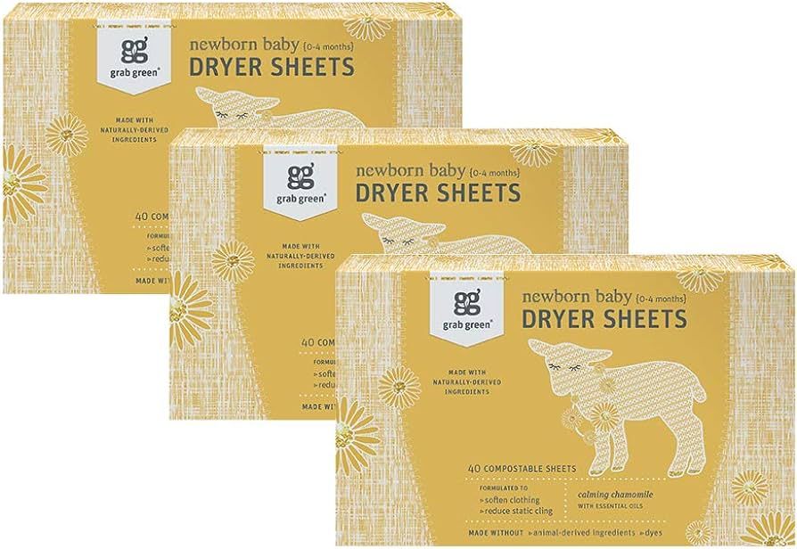 Grab Green Newborn Baby Dryer Sheets - Natural Scent Booster and Fabric Softener to Reduce Wrinkl... | Amazon (US)