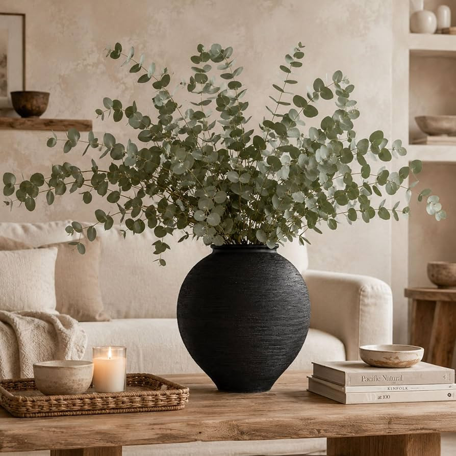 Large Blak Ceramic Vase - 11.8 Inch Large Black Round Vase, Rustic Farmhouse Vase for Home Decor,... | Amazon (US)