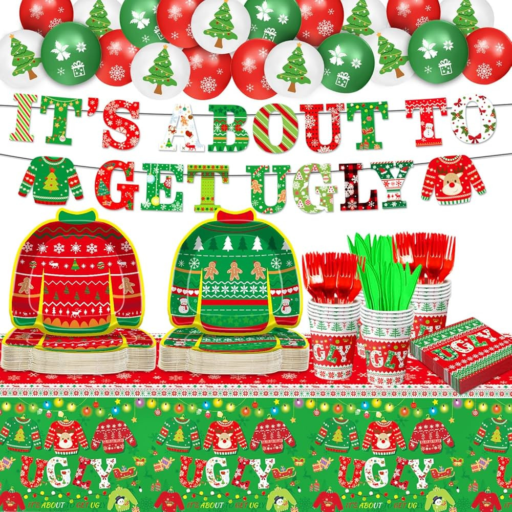 192 PCS Ugly Sweater Party Decorations - Christmas Party Supplies Includes Plates, Napkins, Cups,... | Amazon (US)