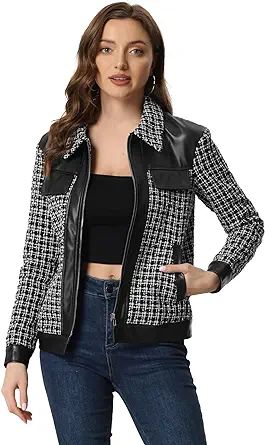 Allegra K Women's Tweed Jacket Plaid Zip Patchwork Leather Vintage Long Sleeve Outwear Tweed Coat | Amazon (US)