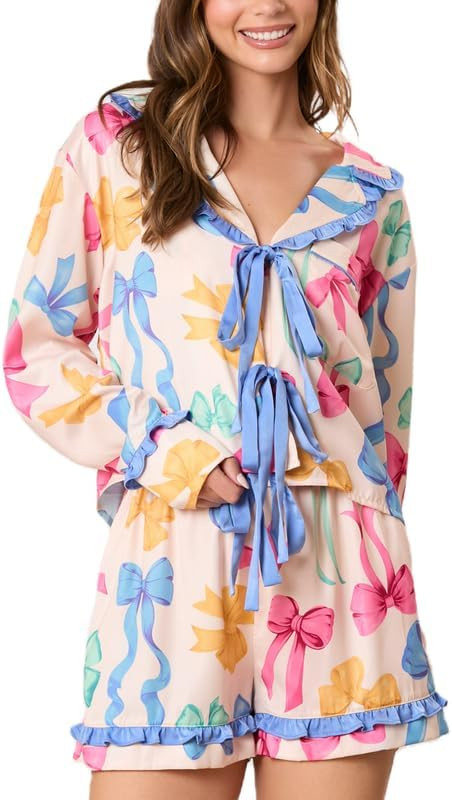 Argeousgor Women Christmas Satin Pajamas Bow Tie 2 Piece Pjs Set Long Sleeve Button Down Shirt Ru... | Amazon (US)