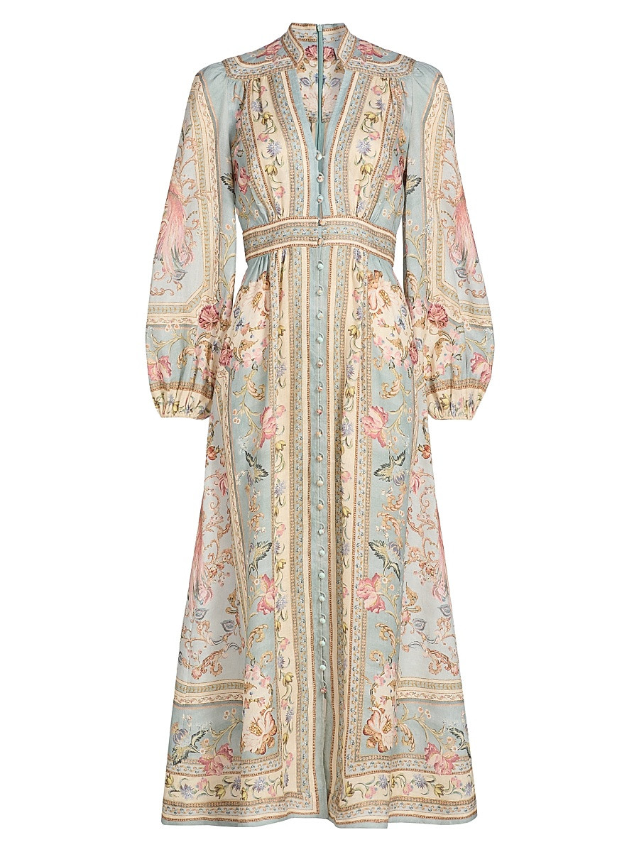 Women's Roselight Plunge Linen Midi-Dress - Blue Tapestry Floral - Size 4 | Saks Fifth Avenue