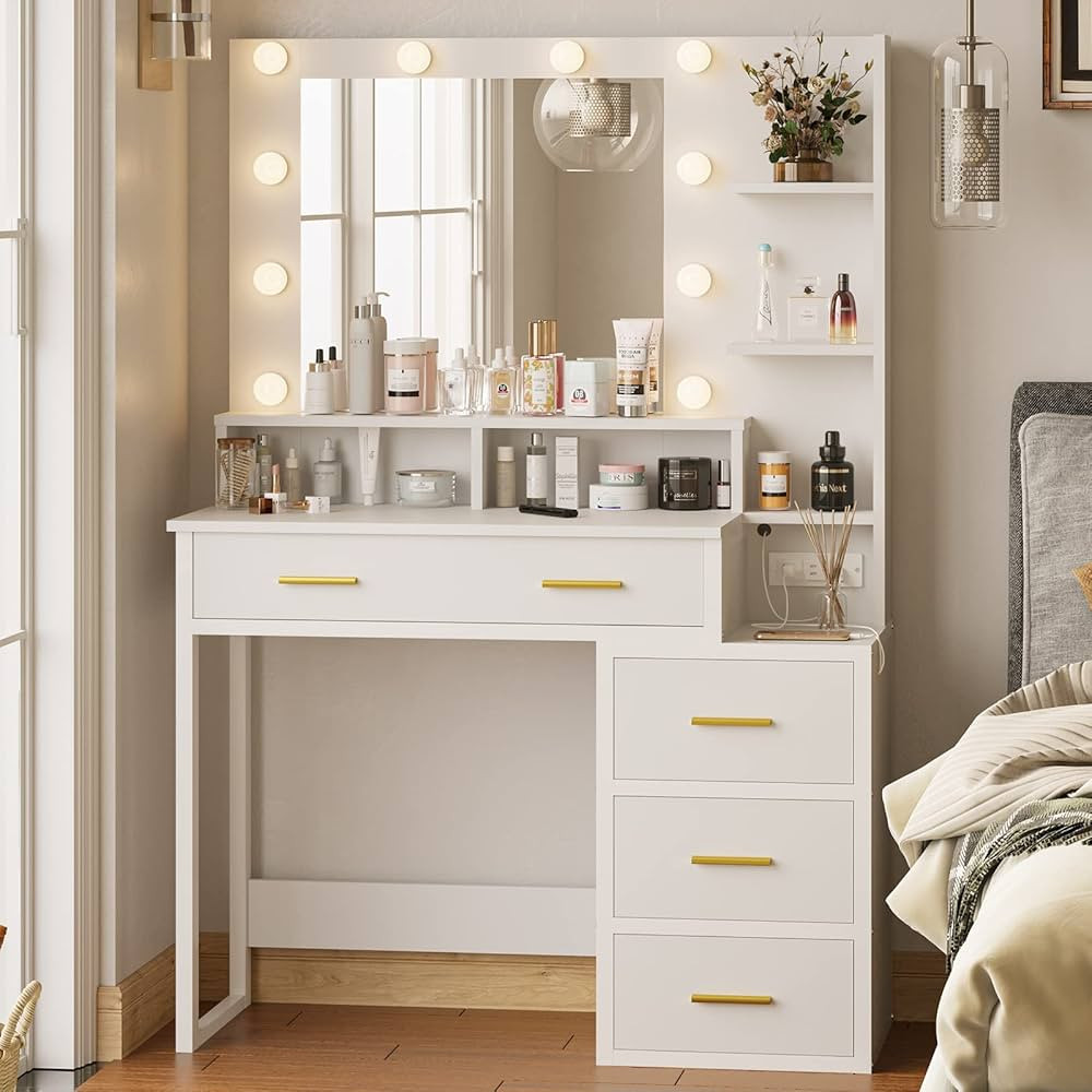 Tiptiper White Makeup Vanity with 10 Light Bulbs, Modern Vanity Desk with Mirror, 3 Lighting Mode... | Amazon (US)