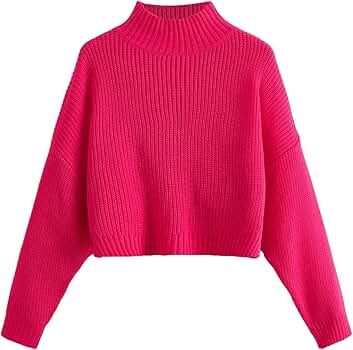 SweatyRocks Women's Drop Shoulder Mock Neck Pullover Sweater Long Sleeve Basic Crop Sweaters | Amazon (US)