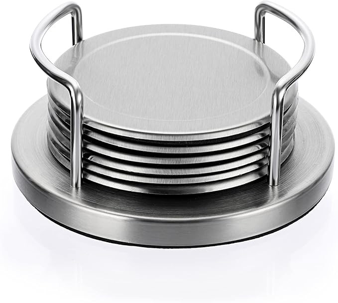 JUXYES Set of 6 Stainless Steel Round Coasters with Holder & Sponge Bottom, Silver Metal Cup Coas... | Amazon (US)