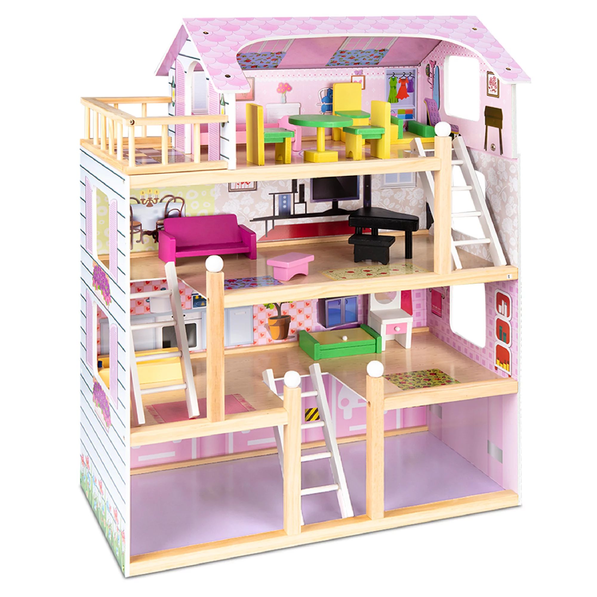 Best Choice Products 4-Level Kids Wooden Cottage Uptown Dollhouse w/ 13 Pieces of Furniture, Play... | Walmart (US)