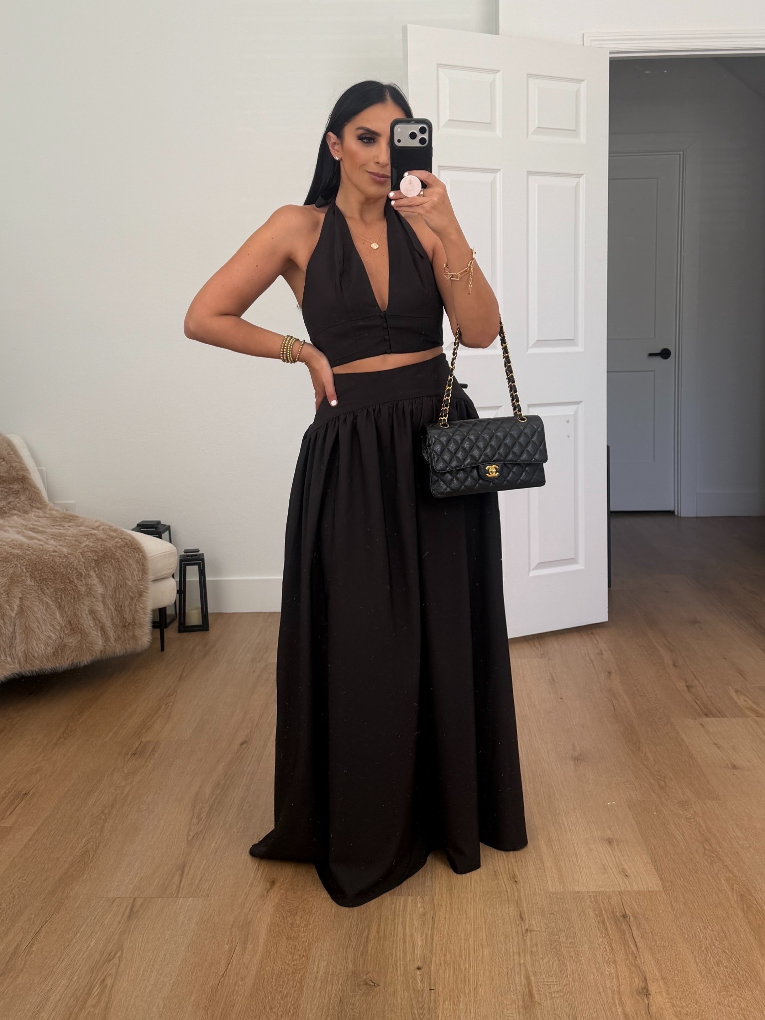 JLUXLABEL Haven Halter Crop Top & Maxi Skirt Set weaaring size medium.