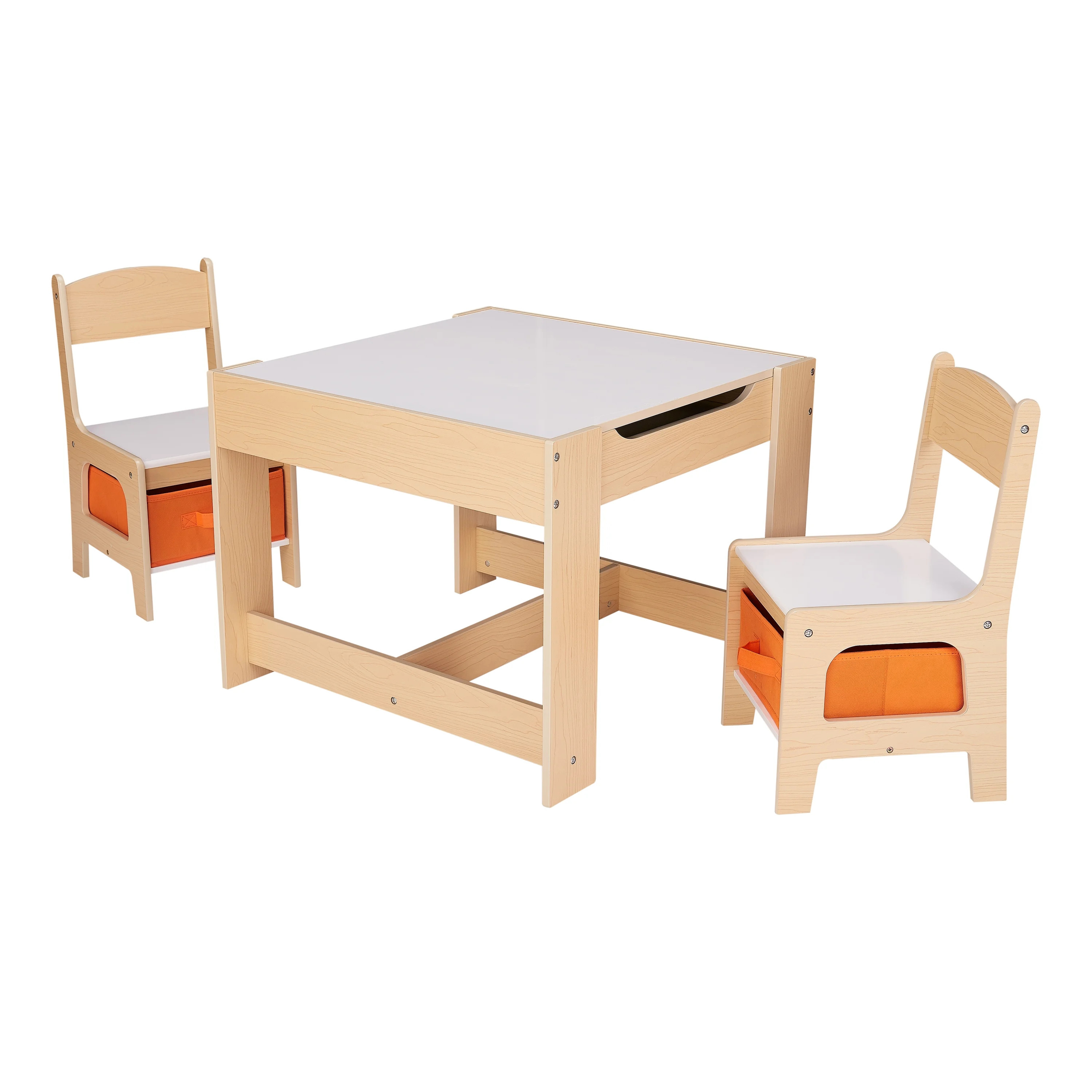 Senda Kids 3 Piece Wooden Storage Table and Chairs Set, White and Natural, Ages 3-7 | Walmart (US)
