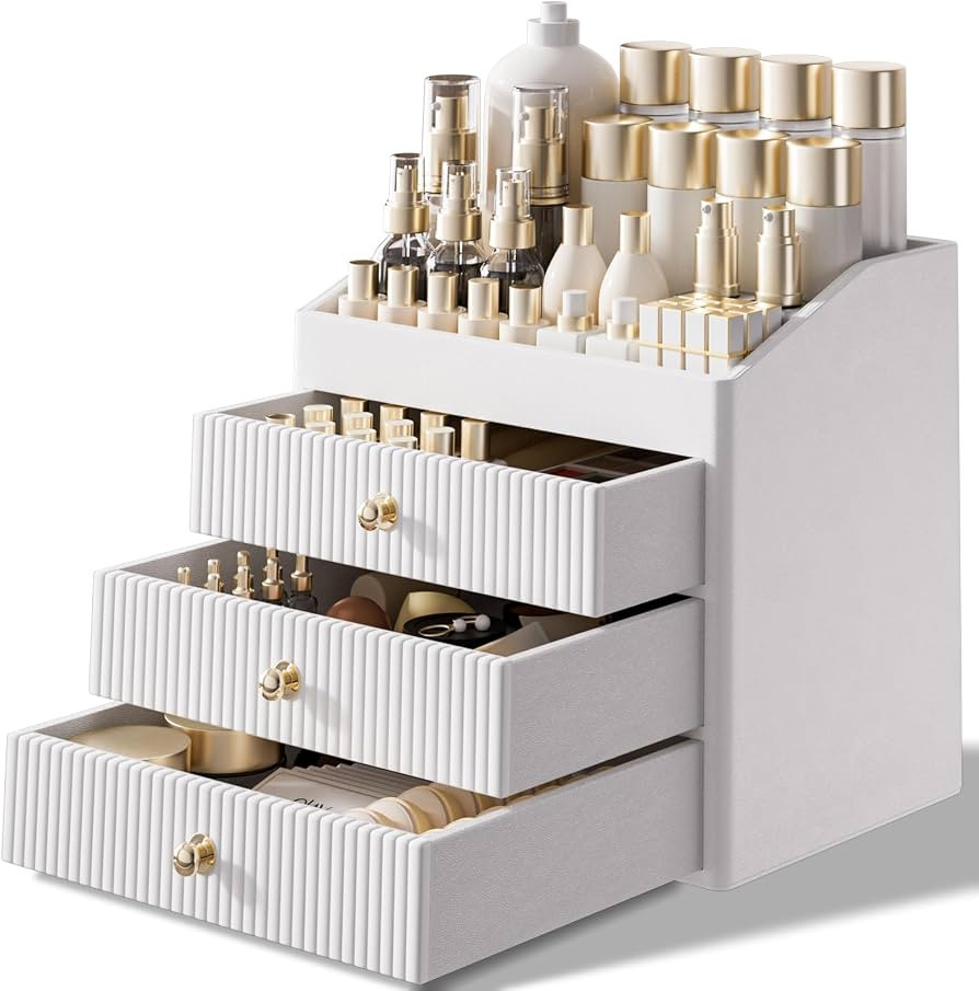 Vanity Organizers,Luxury Skincare Organizer with 3 Tier Drawers,Beige White Large Capacity Cosmet... | Amazon (US)
