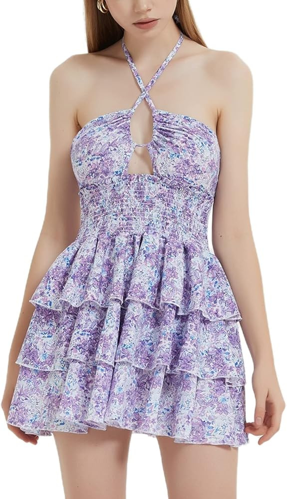 Mebius Womens Floral Mini Dress Summer Criss Cross Halter Backless Preppy Smocked Waist Short Ruf... | Amazon (US)
