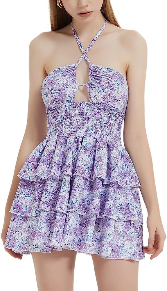 Womens Floral Mini Dress Preppy Smocked Waist Halter Criss Cross Tiered Hem Backless A Line Short... | Amazon (US)