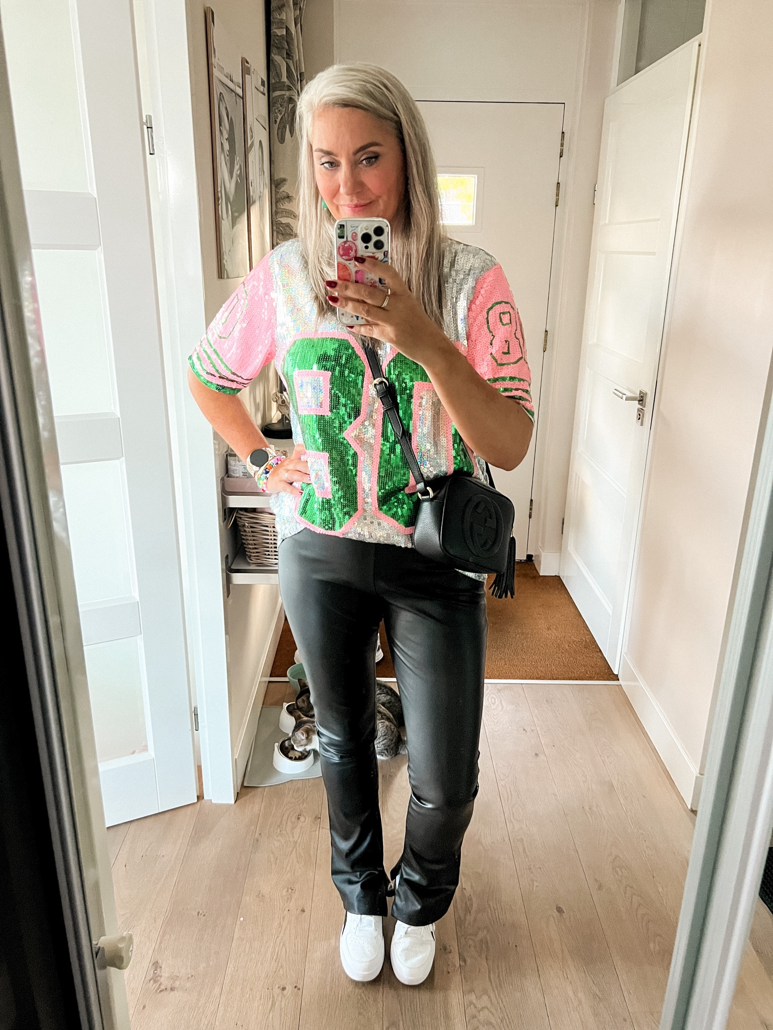 Ootd - Friday night going to ADE (Amsterdam Dance Event). A fully sequined baseball shirt paired with skinny leather pants (old Zara), white and black Puma sneakers and Gucci crossbody bag. 



#LTKeurope #LTKstyletip #LTKpartywear