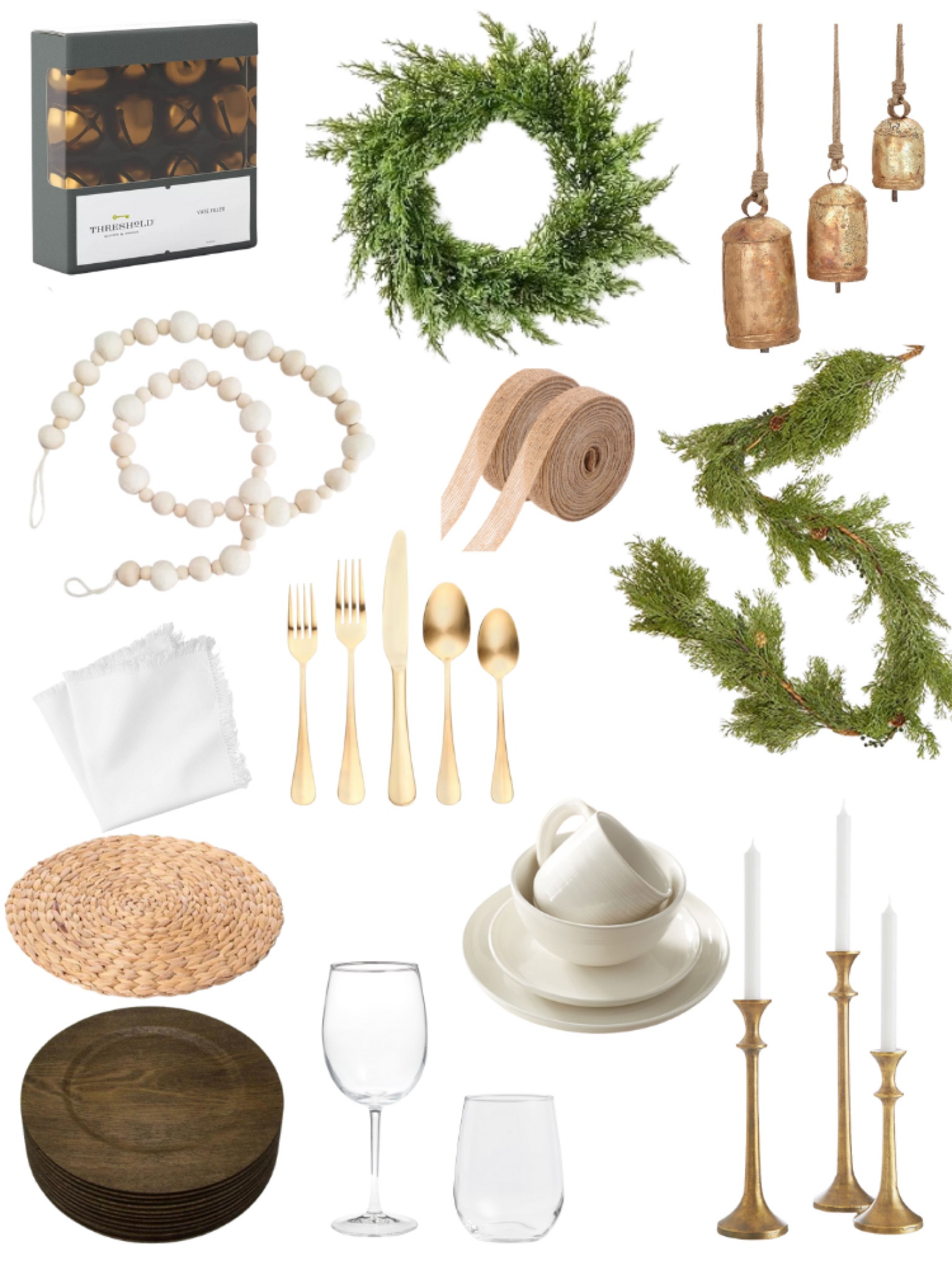 Modern farmhouse Christmas tablescape. Neutral color scheme to create a elegant rustic holiday table. Greenery with gold accents of bells, candlesticks, and flatware. Everything you need to create a beautiful table design. #tablescape #Christmasdecor #Christmastable

#LTKSeasonal #LTKhome #LTKHoliday